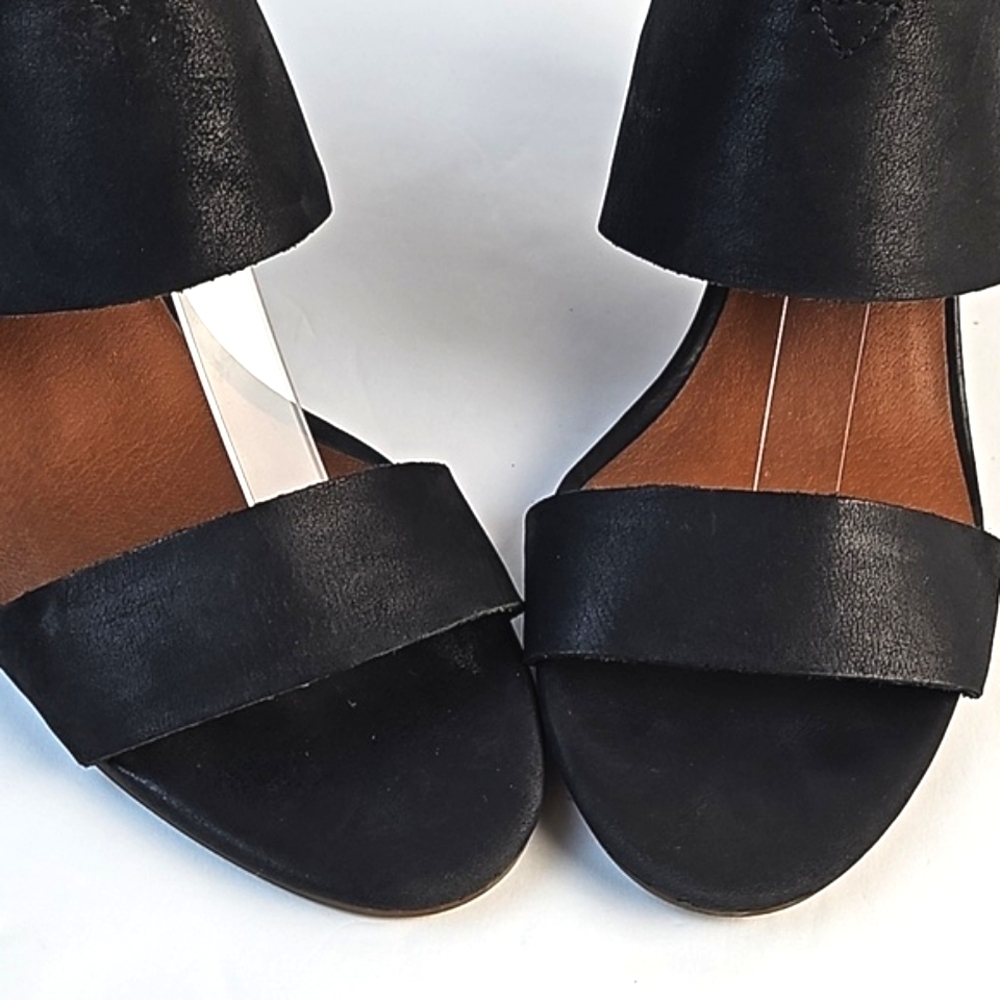 Lucky Brand Jodalee Black Leather Ankle Strap Wooden Stacked Block Heel Sandal - Picture 5 of 16